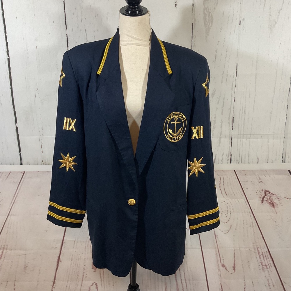 Preston and York Blazer L/XL Navy Blue Yacht Club Embroidered Nautical Coastal